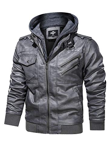 Image of HOOD CREW Men's Casual Stand Collar PU Faux Leather Zip-Up Motorcycle Bomber Jacket With a Removable Hood