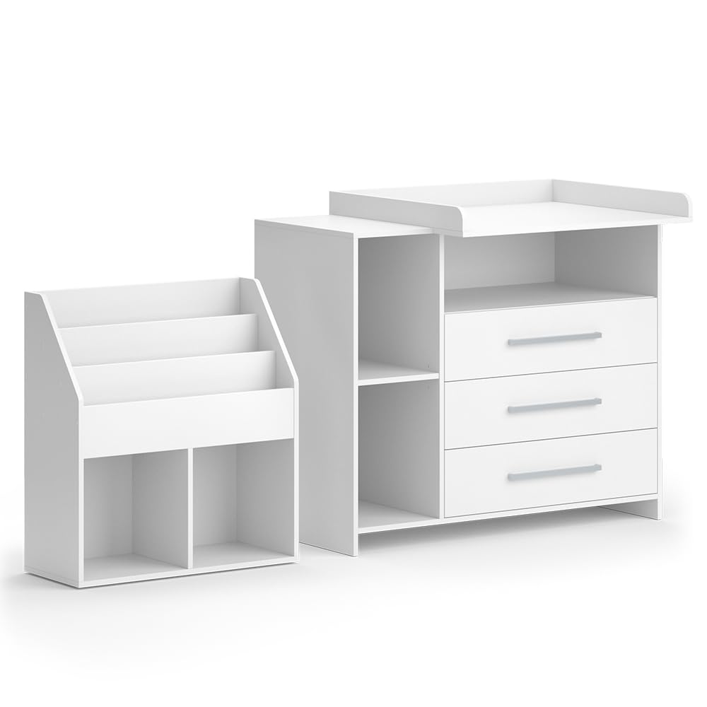 Vicco Set per cameretta Oskar, Bianco, 2 parti, con fasciatoio e libreria, convertibile in una normale cassettiera dopo la rimozione del fasciatoio