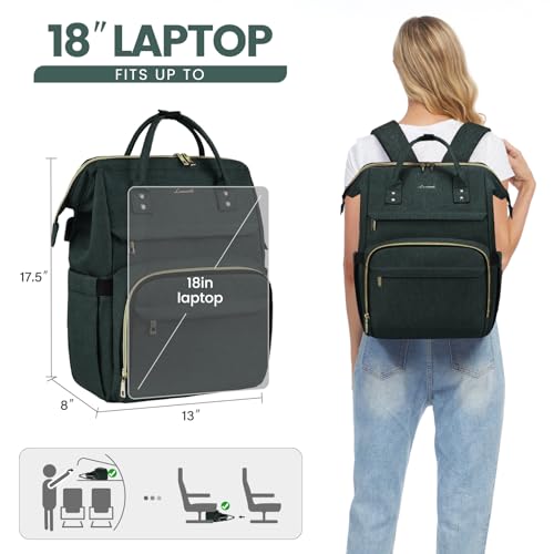 Image of LOVEVOOK Laptop Backpack for Women,18 Inch Professional Womens Travel Backpack Purse Computer Laptop Bag Nurse Teacher Backpack,Waterproof College Work Bags Carry on Back Pack with USB Port,Dark Green