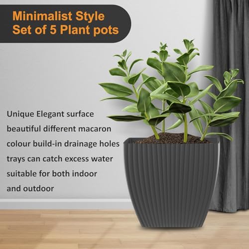 Image of ELUVIA 7-inch Square Planters with Saucers (Set of 5) - Modern Fluted Flower Pots with Drainage Holes and Trays - Premium Plastic Indoor Outdoor Plant Pots for Succulents, Flowers (Grey)