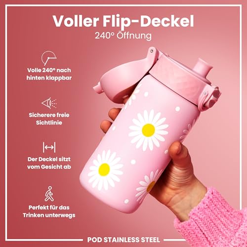 ion8 Kinder Trinkflasche, Edelstahl Leicht 400ml, Nicht Isoliert, Auslaufsicher, Einhandöffnung, Sichere Verriegelung, Spülmaschinenfest, Klappdeckel, Leicht zu Reinigen, Gänseblümchen