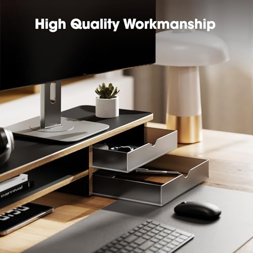 Image of Fenge Monitor Stand, Dual Monitor Riser, 42.5inch Large Desk Computer Monitor Stand Riser with Drawer, 2 Tier Wood & Acrylic Desktop Organizer with Cable Management