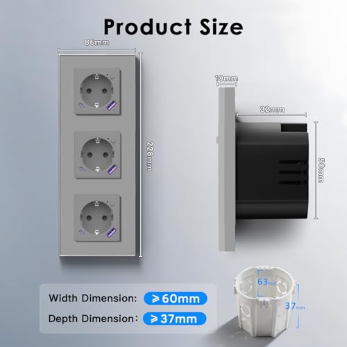 BSEED WLAN Schuko Steckdose mit USB C 20W Schnellladeger&auml;t,Smart Steckdose Unterputz mit Strommessung,Arbeit mit Alexa/Google Home,Stromz&auml;hler f&uuml;r Mehrfachsteckdose mit Smart Life App,3 Fach Grau