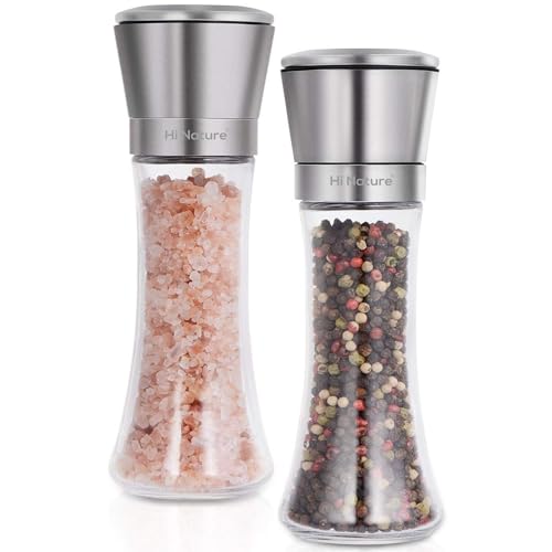 HI NATURE™ Set de Moulins à Sel et Poivre – 2 Pièces en Acier Inoxydable – Mouture Réglable – Rechargement Facile – Design Élégant pour Cuisine ou Barbecue