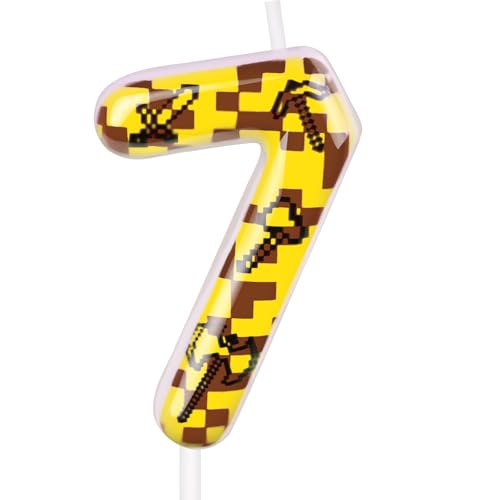 Pixel Birthday Candles for Cake,Yellow and Coffee Number 7 Candles Pixel Cake Decoration for Party Supplies