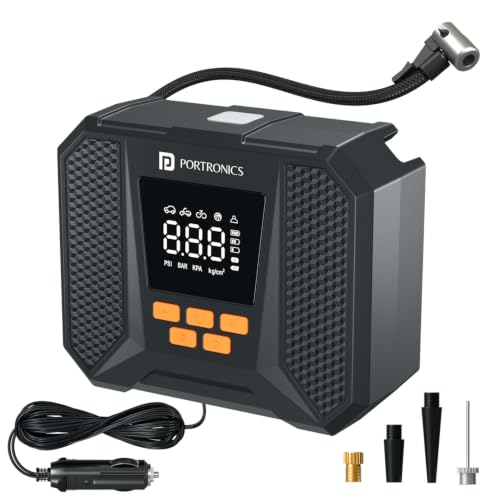 Image of Portronics Vayu Neo 2-in-1 Corded & Cordless Tyre Inflator, 150 PSI, 3x2000mAh Battery, Digital Display, Auto Shut-Off, Type-C Charging & LED Light for Car, Bike, Cycle & Balls (Black)