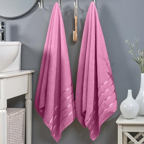 Image of Elegant Comfort 100% Turkish Cotton 4 Lines Viscose Stripe Luxury 2 Pack Bath Towel Set 27 x 54 Inch - Super Soft and Highly Absorbent Premium Hotel Spa Quality Towels for Bathroom Use, Light Pink