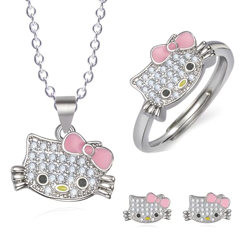 JAWUZ 3 Piezas Hello Kitty Colgante Gato, Pendientes,Collar Para Parejas Gato, Conjuntos De Joyas Para Mujer Y Niñas Amor Corazón Collar,Cadena De Cristal Joyería De Niña(A)