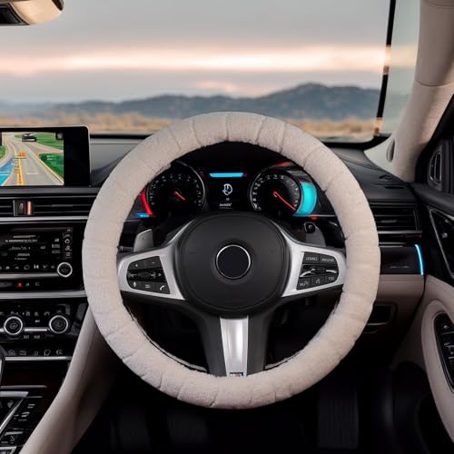 PICKSHI 車 ハンドルカバー 冬 暖かい ステアリングカバー sサイズ 軽自動車 軽トラ 普通車 カーアクセサリー 防寒 ウォーム 車用 柔らかい 滑らない (ホワイト)