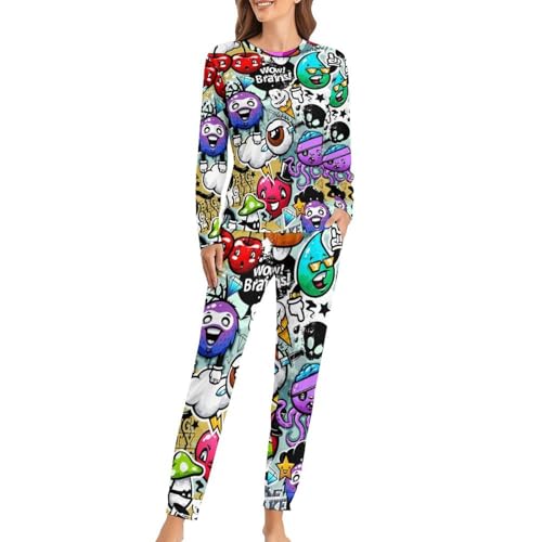 Pyjama Femme Dessins Animés Ensemble T-Shirt Manches Longues Pantalon Sleepwear Confort