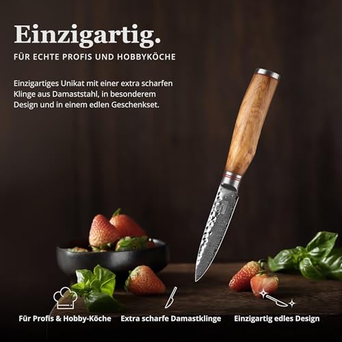 Foto von zayiko Minami Premium Officemesser mit 9 cm Klinge gefertigt aus 67 Lagen echtem Damaststahl mit Hammerschlag und Olivenholzgriff I Holzbox I Damastmesser Küchenmesser und Profi Kochmesser