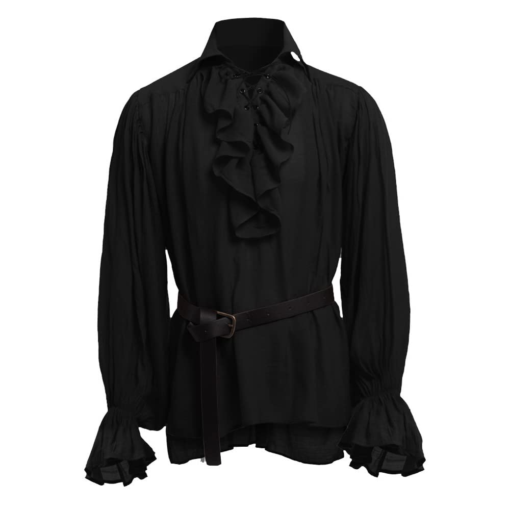 BaronHong Mens Pirate Shirt Vampire Renaissance Victorian Steampunk Gothic Ruffled Medieval Halloween Costume Clothing(Black,L)