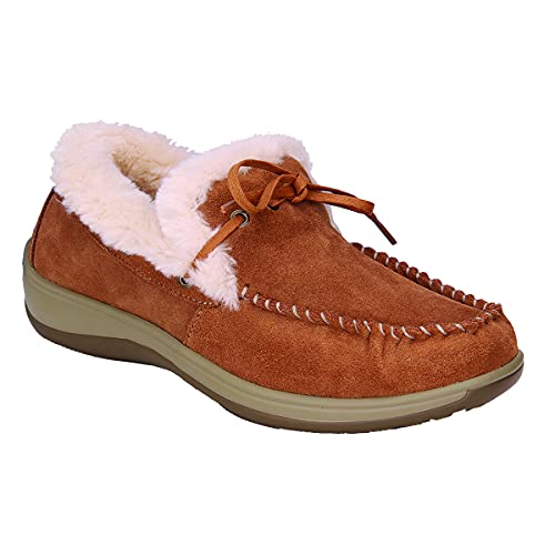 Orthofeet Proven Plantar Fasciitis & Foot Pain Relief. Extended Widths. Arch Support Women's Leather Moccasins Slippers Capri Camel