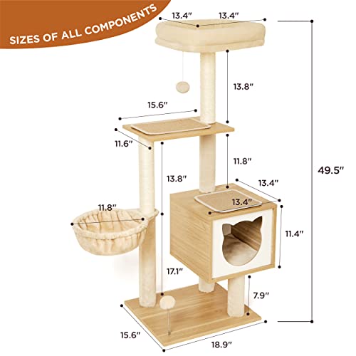 Lesure Modern Cat Tree For Large Cats - Tall Cat Climbing Tower For Indoor Cats With Wood Cat Condo, Hammock And Scratching Post, 50 Inches, Beige #TOP4