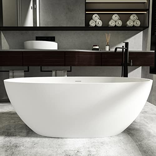 Cpingao 71" Freestanding Bathtub, Oval Shaped Stone Resin Freestanding Tubs, Solid Surface Matte White Soaking Tub with Overflow and Pop-up Drain