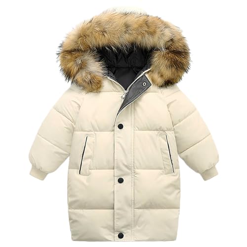 Girls Boys Down Jacket Winter Outerwear Hooded Down Coat Thicken Warm Mid Long Puffer Jacket (Beige, 5-6 Years)
