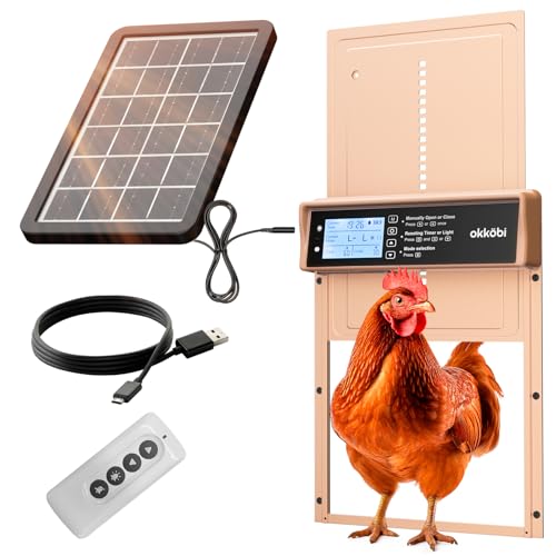 Okkobi Porte Automatique Poulailler Solaire - Ecran LCD - Télécommande, capteur de lumière et minuterie - Fonction Anti-pincement - Protection 5 Ans - Or...