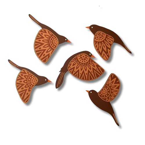 Image of GiftOday Wooden 3D 5 Pieces Birds for Wall Art Panel | Wood Bird Folk Art Wall Hanging Art Decoration Item for Living Room, Bedroom, Drawing Room, Dining Room & Office (Brown) Pack of 1