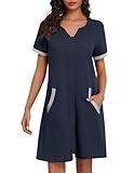 Ekouaer Women Zipper Robe Waffle Short Sleeve Bathrobes Lightweight Knee Length Housecoat with Pockets (Navy Blue, X-Large)