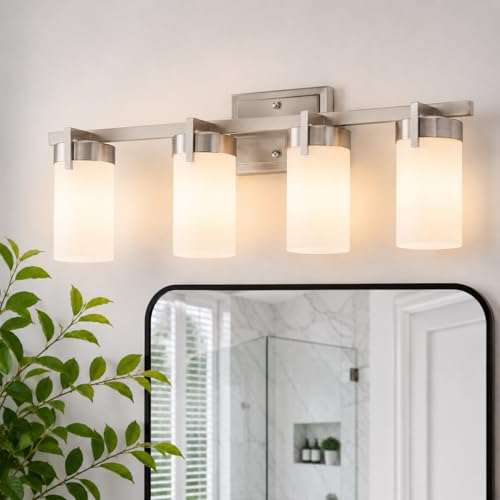 Image of 4-Light Bathroom Vanity Light, Brushed Nickel Vanity Light with Frosted Glass Shades, E26 Base Bathroom Light Fixture, Dimmable, Up or Down Wall Mount Lighting for Bathroom Mirror