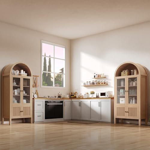 DWVO 71" Arched Cabinet Bookshelf Bookcase with LED Light/Wood Display Cabinet Cabinets with Tempered Glass Doors and Adjustable Shelves/Kitchen Pantry with Storage for Living Room,Dining Room-Natrual