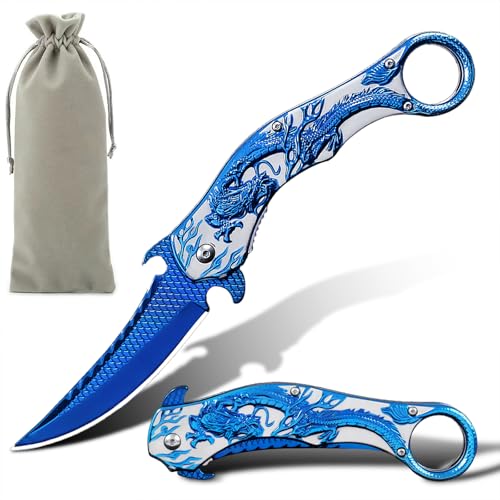 SISITECH Pocket Knife Cool Embossed 3D dragon Folding Knife Great Gift Edc Knives For Men Women Outdoor Survival Camping Hiking (Blue)