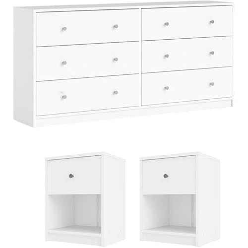 Pemberly Row 3 Piece Modern Wood Dresser and Nightstand Bedroom Set in White