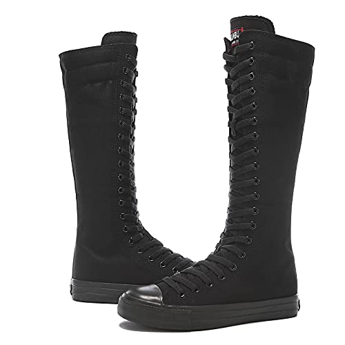 Momuk Women's Fashion Lace Up Knee High Canvas Zip Boots Girls Fancy School Shoes2
