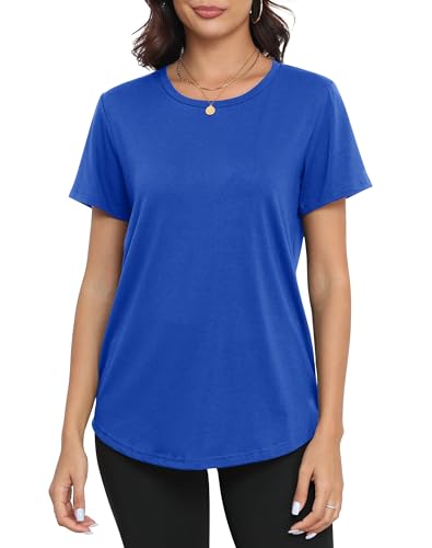 PRIMODA Womens Loose Fit Shirts Casual Short Sleeve Summer Flowy Tunic Tops Plain Long T Shirts