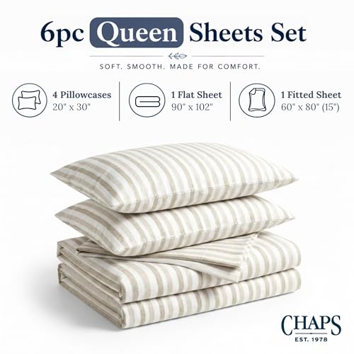 Image of Chaps Queen Sheet & Pillowcase Sets- 6 Piece, Deep Pocket, Wrinkle Free