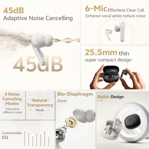 Image of QCY HT05 Pro Hybrid ANC Wireless Earbuds | Globally Leading Brand | Sleek Leather-Finish Design | 6-mic, 45dB Hybrid ANC | 9 EQs, Smart App, 25H Playtime, IPX4 (Dark Grey)