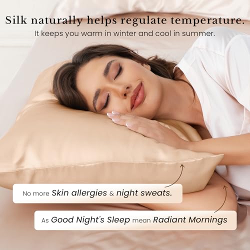 Image of THXSILK 100% Mulberry Silk Pillowcase for Hair and Skin Health, 25 Momme Soft and Smooth Pillowcase with Hidden Zipper, Gift Box, Premium Grade 6A+ Silk, 1pc (Standard 20 inchx26 inch, Beige)