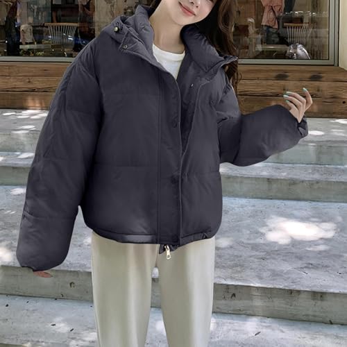 Women's Winter Casual Puffer Jacket Hooded Short Padded Jacket Y2K Teen Girl Zip Pockets Baggy Coats2