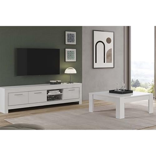 AltoBuy Denae - Ensemble Salon Laqué Blanc Brillant Meuble TV 3 Portes + Table Basse Carrée