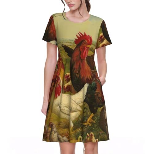 EdWal Chickens and Farm Print - Vestido de verano para mujer, manga corta, cuello redondo, acampanado, vestido midi de verano, Negro, S