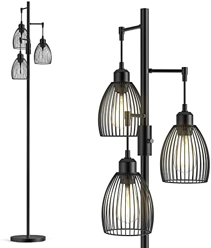 PAZZO Industrial Flooring Lamp with Three Head 9W 1000LM LED Bulbs Included, Tremendous Vivid and Dimmable, Farmhouse Flooring Lamp, Standing Tree Lamp with Birdcage, for Dwelling Room and Bed room, Black