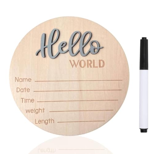 Image of Baby Announcement Sign, 5.9 Inch Wooden Hello World Newborn Signs, Birth Announcement Sign, Baby Shower Hospital Nursery for Newborn Boys and Girls (Gray,Pen)