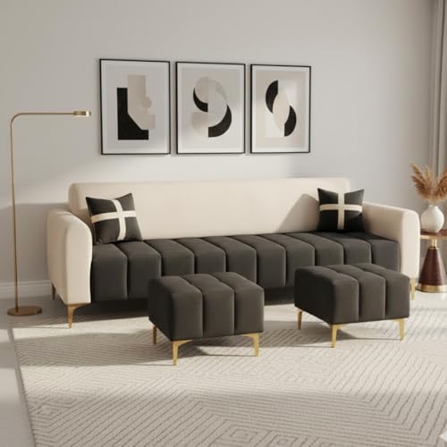 Image of Melody 3 Seater Modular L Shape Sofa Set with 2 Ottoman | Soft Velvet Upholstery, Sturdy Wooden Frame | Modern Sofa for Living Room, Hall & Office Spaces (Cream-Dark Grey)