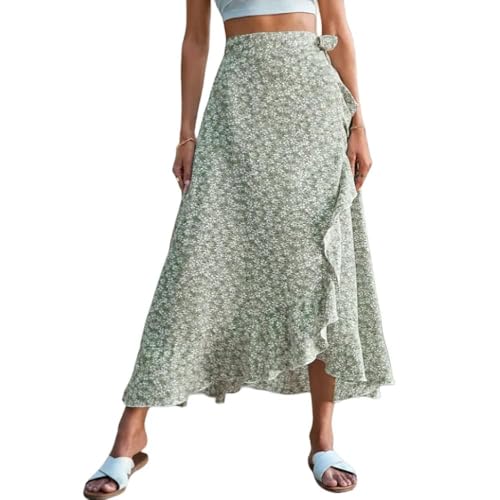 Boho Floral Maxi Skirt for Women, High Waisted Wrap Ruffle Hem Long Skirt Summer Beach Vacation Outfits