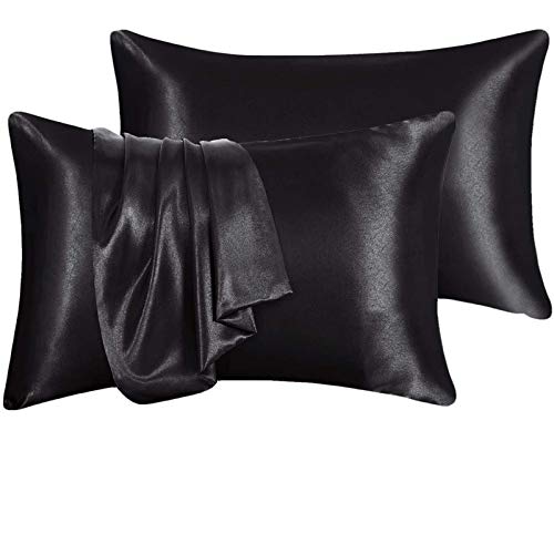 2er Pack Satin Kissenbezug für Haar und Haut, ähnlich wie Seide, Satin Kissenhülle mit Hotelverschluss, Schwarz Kopfkissenbezug Weich und Atmungsaktiv Kissenbezüge 40 x 80 cm Cover