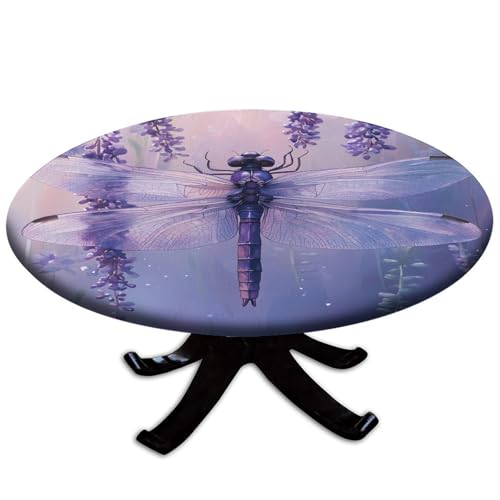 DZASDIYM Circle Tablecloth, Lavender Dragonfly Elegance Pattern Printed on Fade Resistant Elastic Table Cover Round, for University Functions and Alumni Meetings, Fit for 44" Tables
