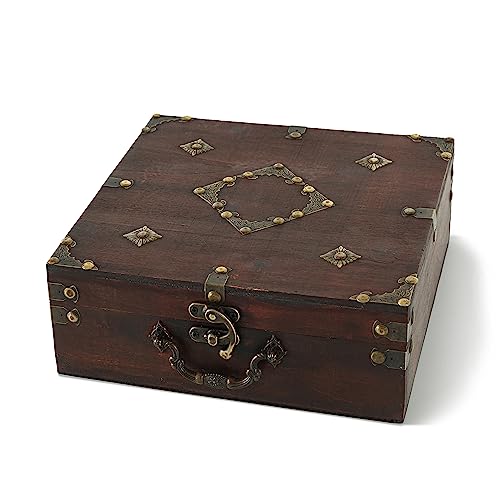 SLPR Wooden Tea Box Chest with 6 Compartments, Ornate Wood Box with Hinged Lid, Vintage Treasure Memory Chest for Small Keepsakes, Antique Decorative Storage