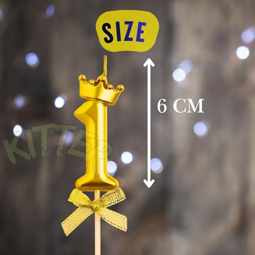 Image of KITTER 1 Pc 1 Number Candle for Birthday Cake, Metallic Gold No. 1st Birthday Cake Decoration Number One Candle with Crown on Top Cake Topper Number Candles for Anniversary (Pack of 1)