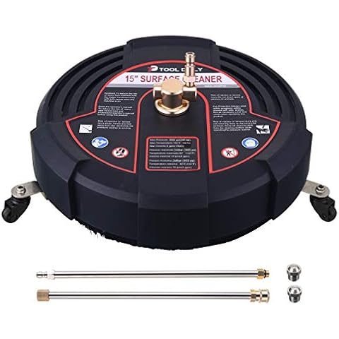 Tool Daily 15 Inch Pressure Washer Surface Cleaner Attachment with Wheels, with 2 Power Washer Extension Wands and 2 Replacement Nozzles, 3600 PSI, Black Cover