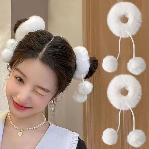 2Pcs Pom Pom Hair Ties Fuzzy Furry Faux Rabbit Fur Scrunchies with Detachable Fur Ball Tassel Fluffy Ponytail Holders Hair Accessories for Girls Women(White)