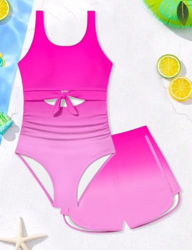 Image of Qaoerde Girls Swimsuit One Piece Swimsuits Cutout Ruched Bathing Suits Adjustable Straps Tie Girls' Swimwear 9-16Y