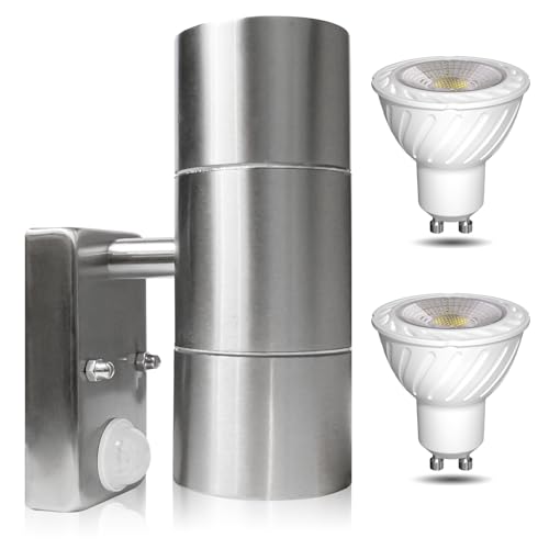 TobeBright Up Down Wall Light with Motion Sensor IP65 Waterproof PIR Lights Outdoor PIR Up Down Wall Lamp with 2 x 5W GU10 LED Cool White 6000K Dusk to Dawn Outside Lights Sensor for Garden, etc