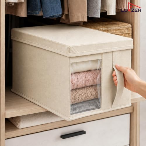 Image of Lukzer 1 PC Wardrobe Organizer for Clothes, 20L Foldable Non-Woven Fabric Storage Box with Lid, Clear Window & Front /Back Handles | Almirah Cupboard Organizer for Jeans, Sweaters & Sarees - Beige