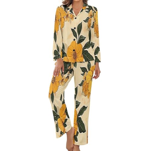 Pyjama Femme 2 Pièces Fleurs Jaunes Imprimé en Grande Taille