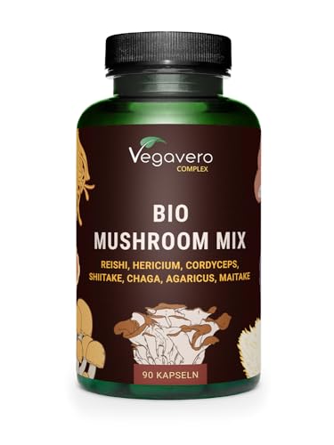 Vegavero Certified Organic Mushroom Complex 1300 mg | NO Additives, Lab-Tested | Standardised Bioactive Polysaccharides, Beta Glucans and Hericenones | 90 Capsules | Vegan